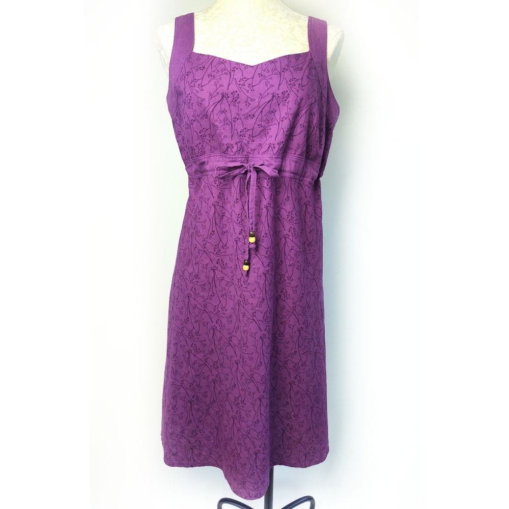 Kathmandu Purple Hemp Floral Dress Sleeveless Beaded Tie Waist Zip Back Size 12